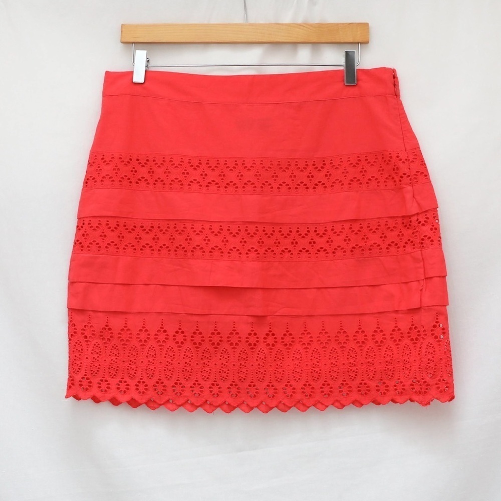 Gap coral red mini skirt tiered short pencil straight lace 10 cotton NWOT resort